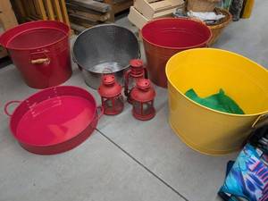 Lot of Assorted Metal Decor Tubs Trays and Lanterns Colorful Set