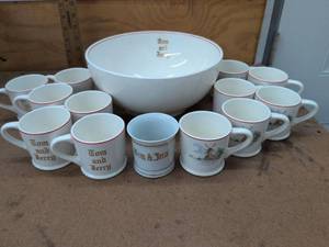 Vintage Tom and Jerry Punch Bowl Set Red Rim Milk Glass Mugs