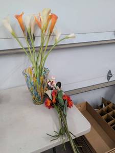 Art Glass Vase with Faux Calla Lilies & Mixed Artificial Flowers