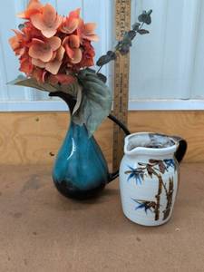 Blue Handled Vase with Faux Hydrangea & Bamboo Motif Ceramic Pitcher