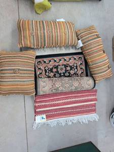 Lot of Vintage Throw Pillows & Accent Rugs Mixed Textile Decor