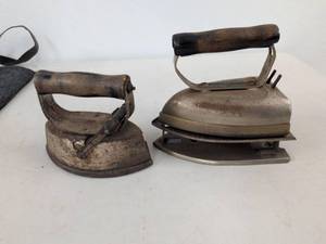 Pair of Antique Electric Flat Irons Wood Handles Manning Bowman No. 550