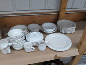 Gibson Housewares White Embossed Dinnerware Set Plates Bowls Mugs