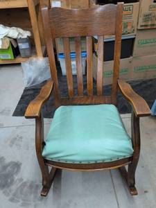 Antique Oak Mission Style Rocking Chair with Upholstered Spring Seat