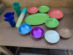 Vintage Mid-Century Melamine Dinnerware Lot Bowls Cups Platter Plates