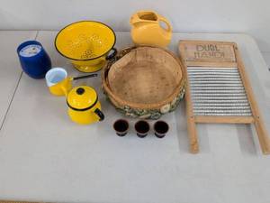 Lot of Vintage Kitchenware Enamelware Washboard Fiesta-Style Pitcher