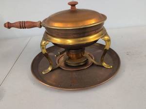 Vintage Copper Brass Chafing Dish Warmer Set Wood Handle Burner