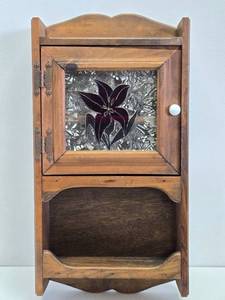 Vintage Hanging Wall Cabinet Shelf wFloral Stained Glass