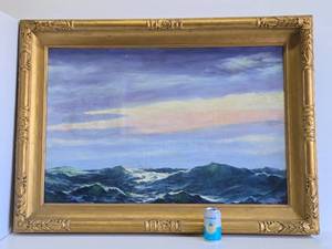 LARGE Framed Signed Antique Early Antique Nautical Scene Oil on Canvas wDistant Ship&nbsp