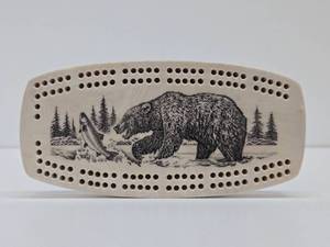 Vintage Scrimshaw Style Ceramic Etched Bear Cribbage Board