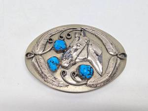 Vintage 1950s era Western Horse Belt Buckle wTurquoise