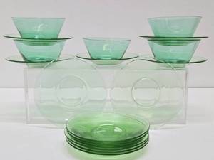 Group of Vaseline Glass Bowls &amp SaucersPlates