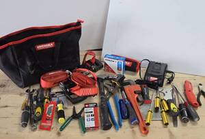 Estate Lot of Assorted Good Tools, Canvas Bag, Snap-On Straps etc