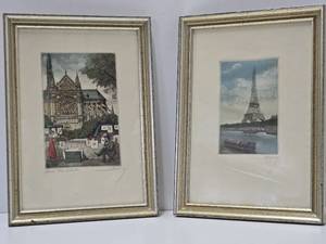 2 Framed Signed Hand Colored Etchings