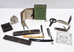 Estate Lot of Vintage &amp Antique Small Items - Razors, Mouth Harp, Bank, Knives etc