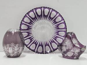 Lovely Group of Vintage Amethyst Cut-to-Clear Crystal Platter Vase &amp Basket