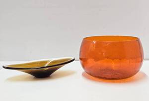 Mid Century Art Glass Danish Modern Dish &amp Orange Blenko Bowl