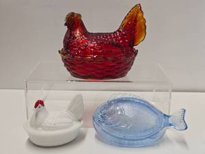 3 Vintage Glass Baskets wLids - 2 Chickens &amp a Fish