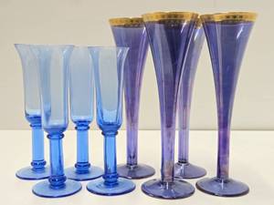 2 Very Nice Sets of Vintage Champagne Glasses - Blue &amp Amethyst wGold Rim