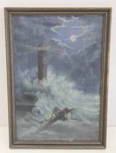 Vintage 1930s Framed Print - Lighthouse in a Storm