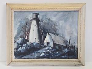 Framed Vintage Oil on Canvas Impressionist Painting - Ominous Farm Scene