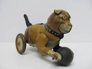 Orig Vintage 1930s Marx Sandy Tin Toy Dog wMagic Tail