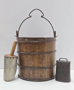 Primitive Antique Wood Bucket wHandle, Scoop &amp Old Cow Bell