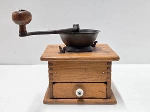 Antique Dovetailed Wood &amp Cast Iron Coffee Grinder