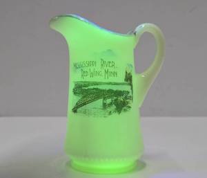 Antique Uranium Glass Souvenir Pitcher - Mississippi River - Red Wing, Minn