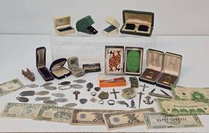 Lot of Vintage &amp Antique Small Items - Advertising Currency, Old Return Tags, Crucifixes, Antique Jewelry Cases etc&nbsp