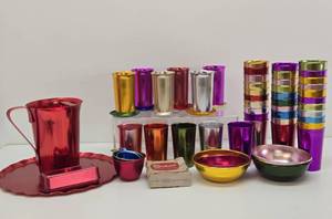 Large Collection of Vintage Mid Century Colorful Aluminum Drinking Glass Barware Coasters etc