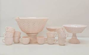 Vintage Jeanette Shell Pink Milk Glass Complete Punch Bowl Set &amp 2 Pedestal Compotes&nbsp