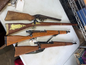 4 Vintage Wooden Toy Rifles - 1 Cap Gun &amp Old Daisy Double Barrel Pop Gun