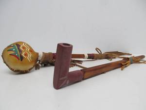 Genuine Native American Made Rattle &amp Pipestone Pipe Made by Spotted Elk