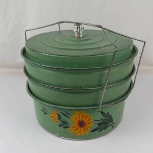 Vintage 1930s Green Metal 3-tier Food Carrier With Floral Design & Glass Knob