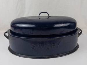 Vintage Savory Cobalt Blue Enamel Roasting Pan With Lid