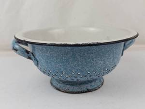 Antique Blue & White Speckled Graniteware Colander