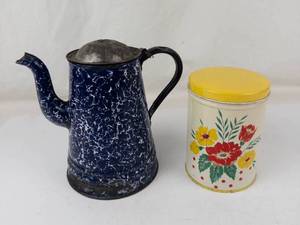 Vintage Graniteware Coffee Pot & Floral Kitchen Tin Mixed Lot
