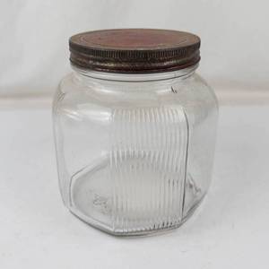 Vintage Ribbed Glass Storage Jar With Metal Lid