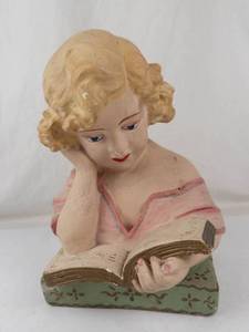 Vintage Painted Plaster Chalkware Bust of Girl Reading Book