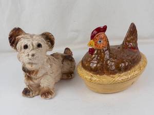 Vintage Chalkware Dog and A Ceramic Hen on Nest Figurine