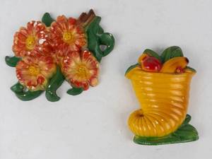 Pair of Vintage Floral and Cornucopia Chalkware Wall Plaques