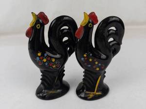 Vintage Rooster Salt & Pepper Shakers Redware Hand-Painted Polka Dots