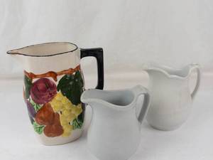 Vintage Blue Ridge Southern Potteries Fruit Pitcher & 2 White Ceramic Pitchers Mixed Lot