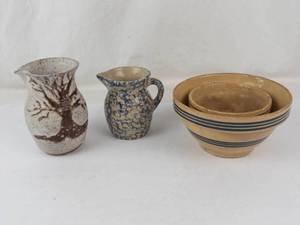 Robinson Ransbottom Pitcher, Studio Art Pottery Pitcher & Yellow Ware Bowls Mixed Lot