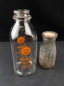 Golden Milk Glass Bottle & Small Dairy Bottle (Lot of 2)