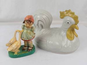 Vintage Ceramic Rooster Lid & Girl With Geese Figurine