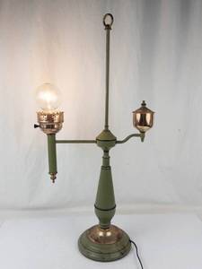 Vintage Student Lamp With Green Painted Body & Brass Accents