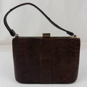 Vintage Brown Lizard Skin Purse With Brass Frame & Handle