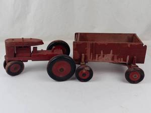 Vintage Wooden Farm Tractor & Wagon Toy